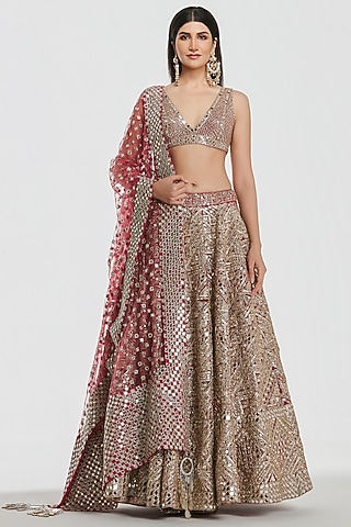 Hot Pink Net Mirror Work Lehenga Set by Abhinav Mishra