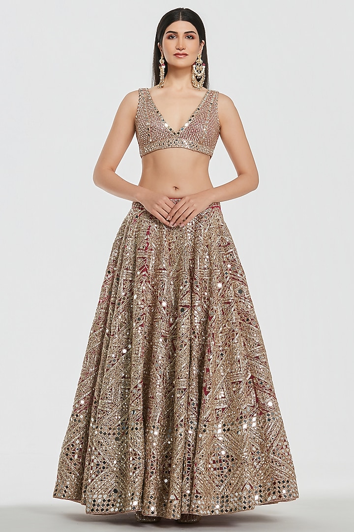 Hot Pink Net Mirror Work Bridal Lehenga Set by Abhinav Mishra at Pernia's Pop Up Shop