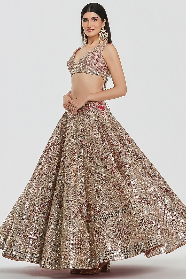 Hot Pink Net Mirror Work Bridal Lehenga Set by Abhinav Mishra at Pernia's Pop Up Shop