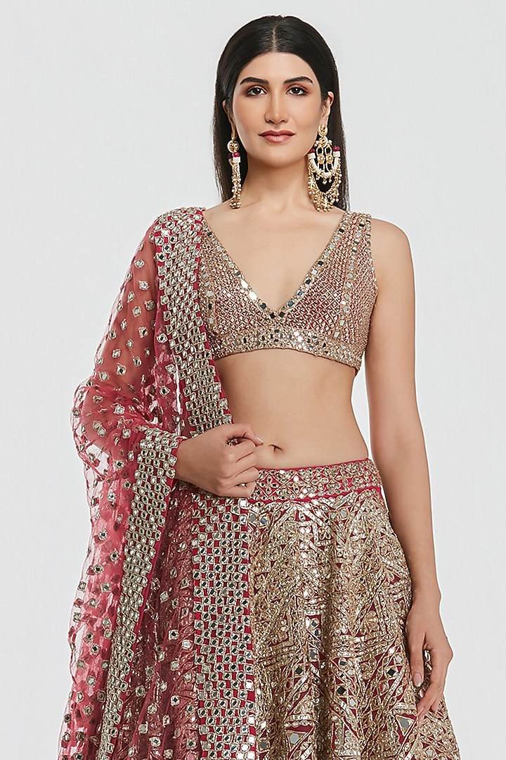 Hot Pink Net Mirror Work Bridal Lehenga Set by Abhinav Mishra at Pernia's Pop Up Shop