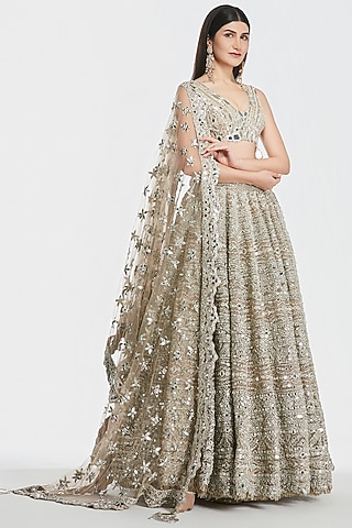 Champagne Gold Net Mirror Work Lehenga Set by Abhinav Mishra