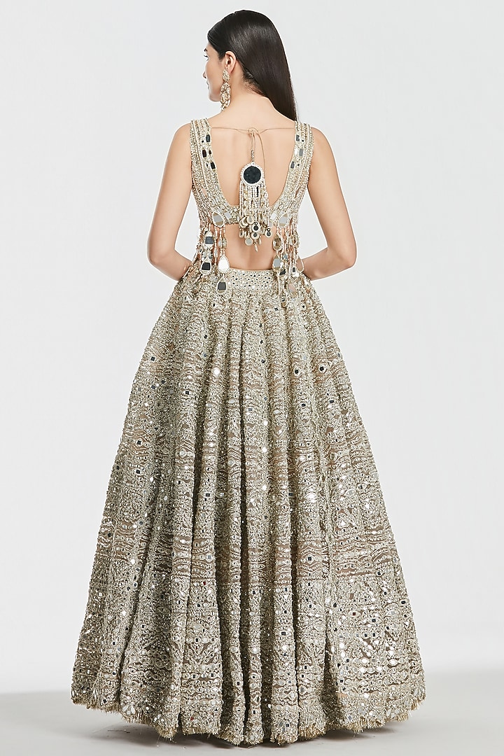 Champagne Gold Net Mirror Work Bridal Lehenga Set by Abhinav Mishra at Pernia's Pop Up Shop