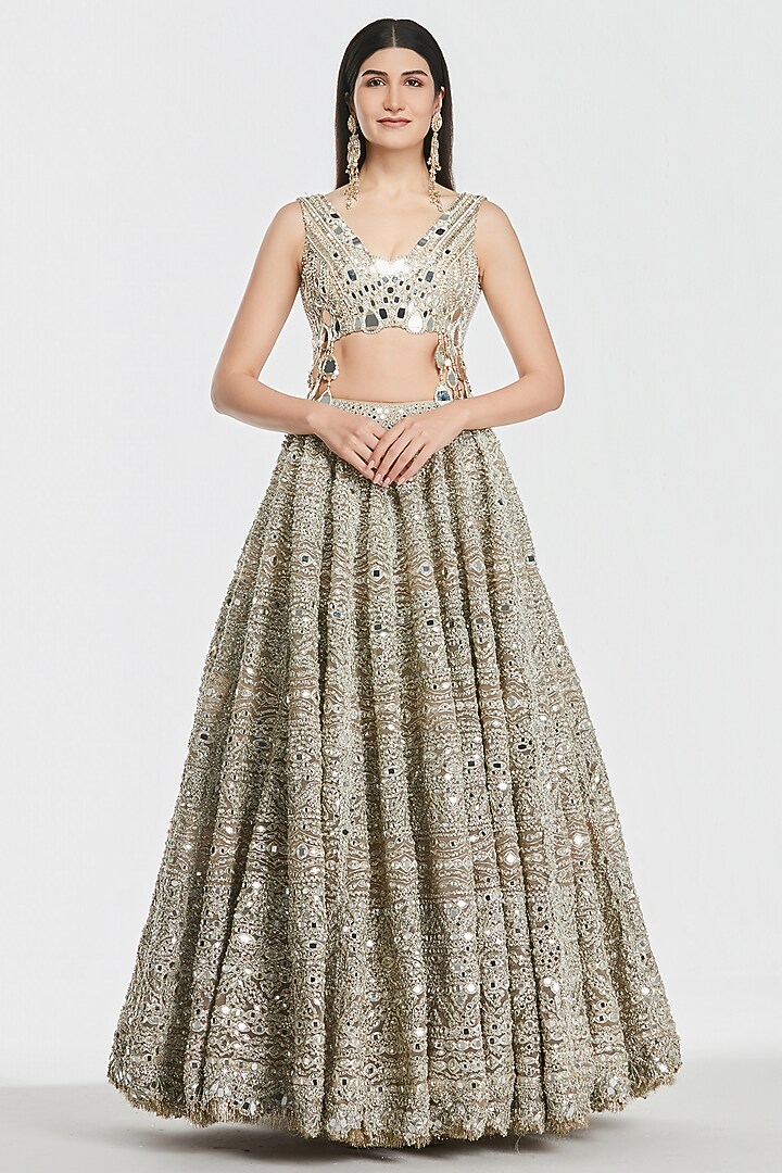 Champagne Gold Net Mirror Work Bridal Lehenga Set by Abhinav Mishra at Pernia's Pop Up Shop