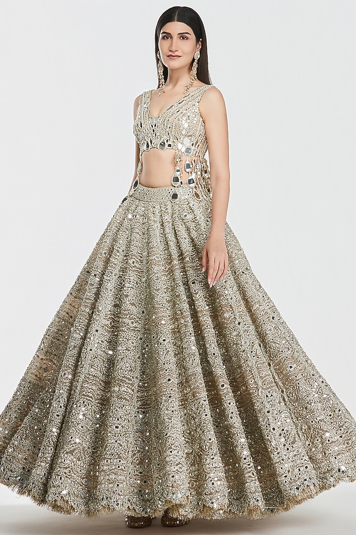 Champagne Gold Net Mirror Work Bridal Lehenga Set by Abhinav Mishra at Pernia's Pop Up Shop