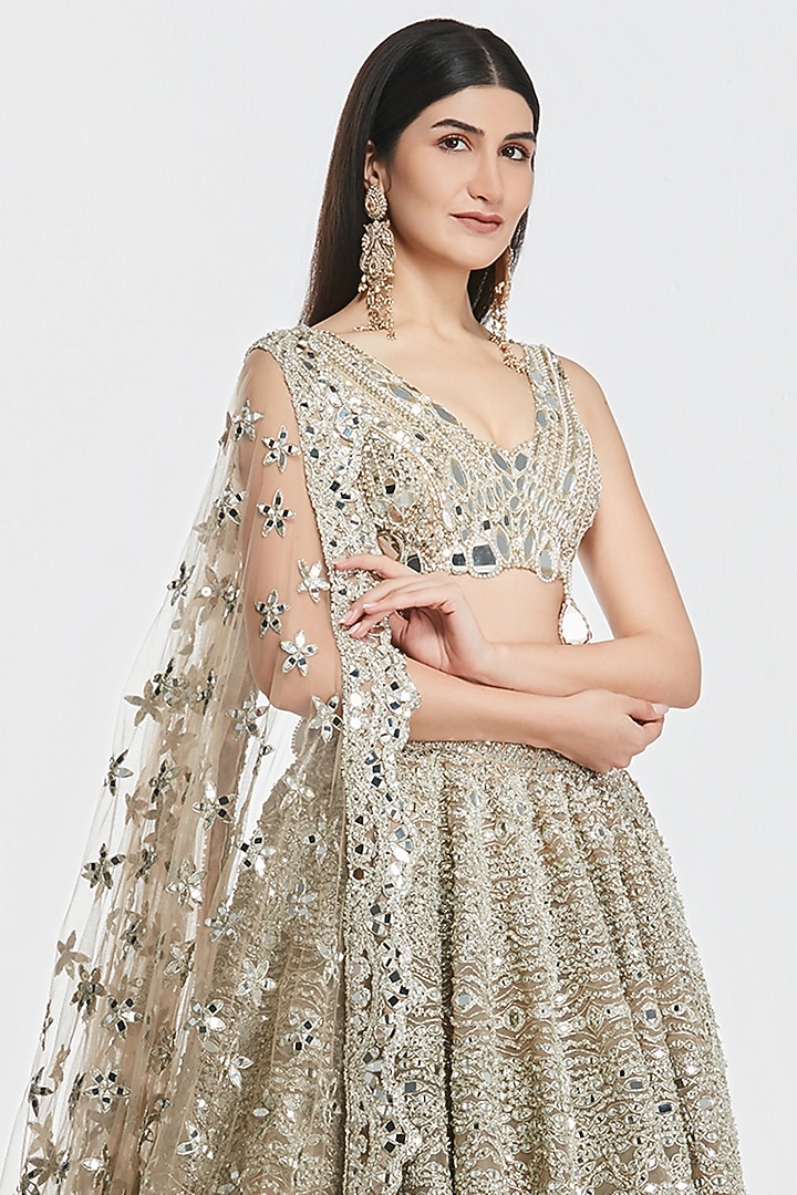 Champagne Gold Net Mirror Work Bridal Lehenga Set by Abhinav Mishra at Pernia's Pop Up Shop