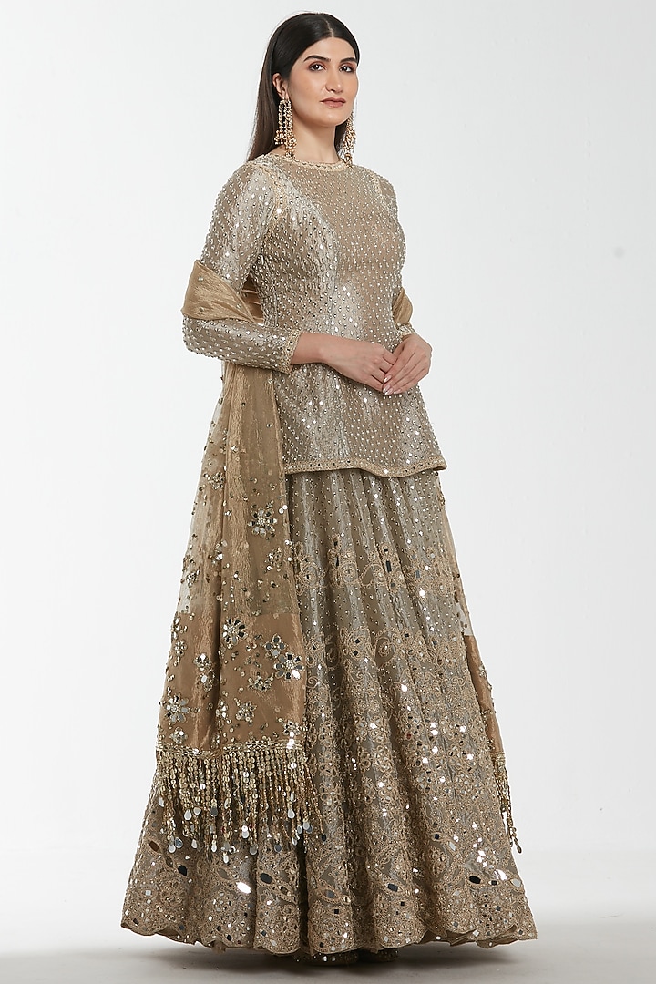 Antique Silver Tissue Mirror Work Bridal Lehenga Set by Abhinav Mishra at Pernia's Pop Up Shop
