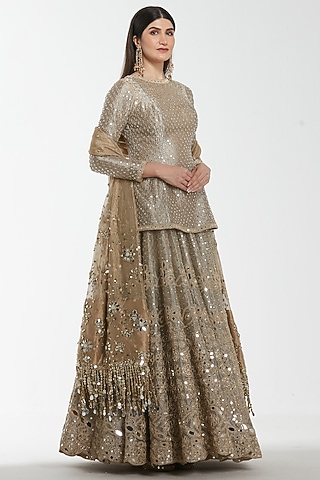 Antique Silver Tissue Mirror Work Lehenga Set by Abhinav Mishra