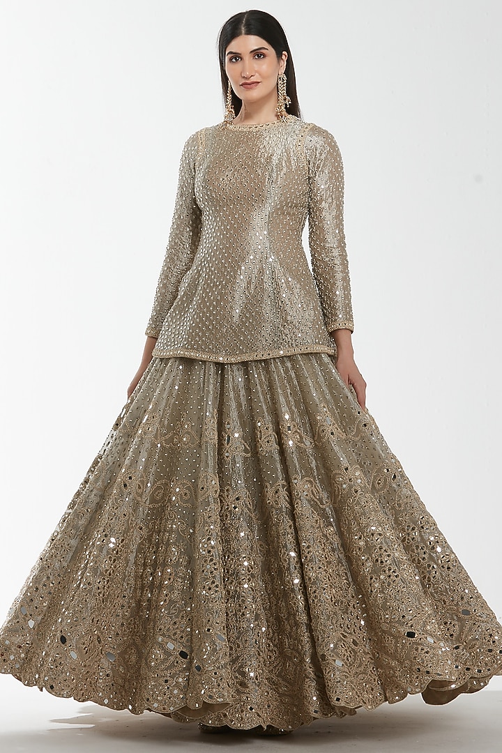 Antique Silver Tissue Mirror Work Bridal Lehenga Set by Abhinav Mishra at Pernia's Pop Up Shop