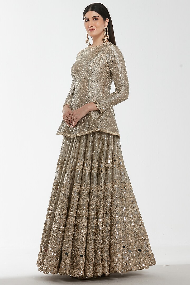 Antique Silver Tissue Mirror Work Bridal Lehenga Set by Abhinav Mishra at Pernia's Pop Up Shop