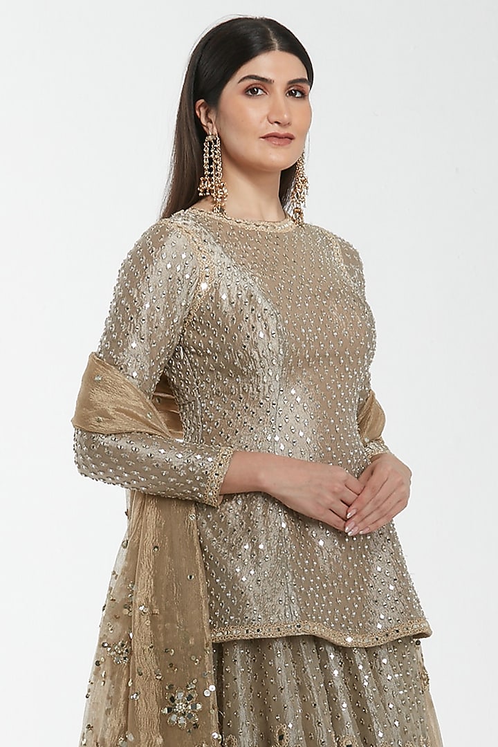 Antique Silver Tissue Mirror Work Bridal Lehenga Set by Abhinav Mishra at Pernia's Pop Up Shop