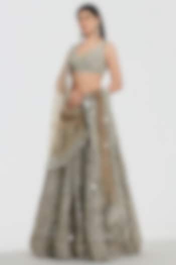 Champagne Gold Net Mirror Work Bridal Lehenga Set by Abhinav Mishra at Pernia's Pop Up Shop