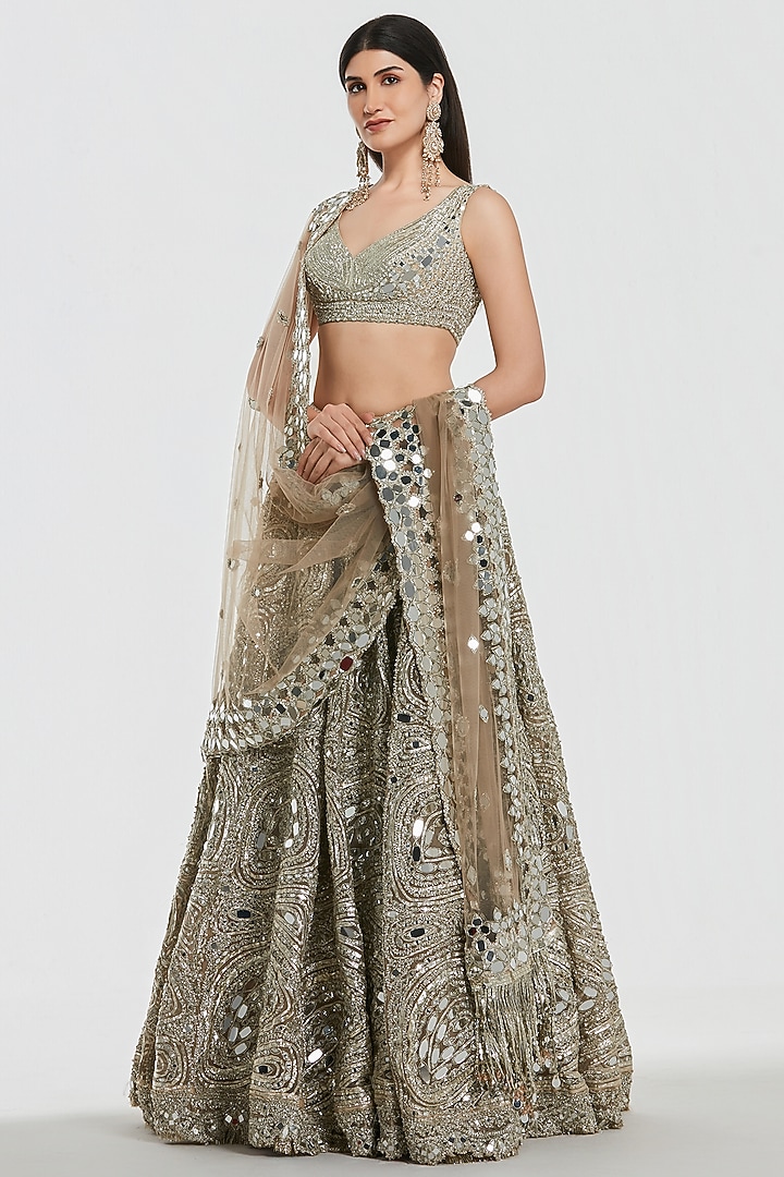 Champagne Gold Net Mirror Work Bridal Lehenga Set by Abhinav Mishra at Pernia's Pop Up Shop