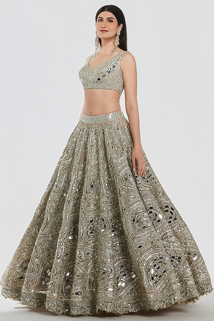 Champagne Gold Net Mirror Work Bridal Lehenga Set by Abhinav Mishra at Pernia's Pop Up Shop