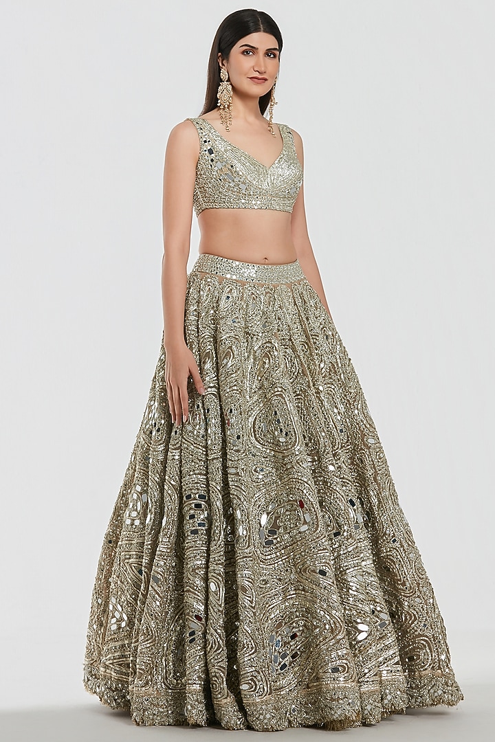 Champagne Gold Net Mirror Work Bridal Lehenga Set by Abhinav Mishra at Pernia's Pop Up Shop