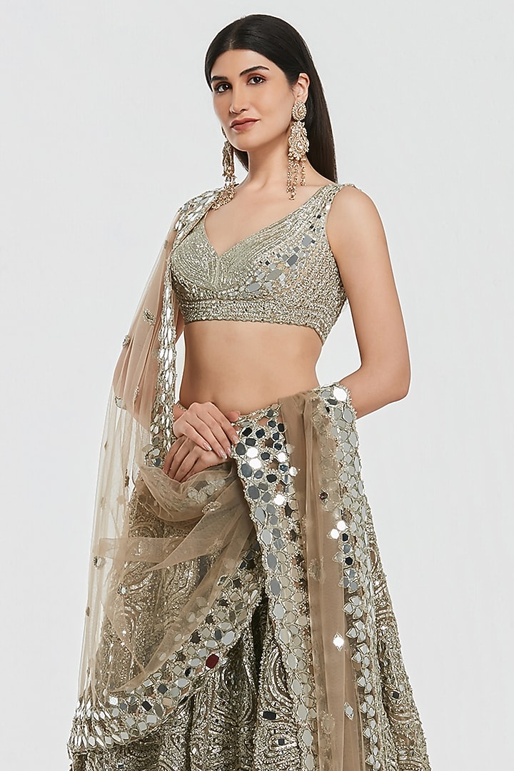 Champagne Gold Net Mirror Work Bridal Lehenga Set by Abhinav Mishra at Pernia's Pop Up Shop