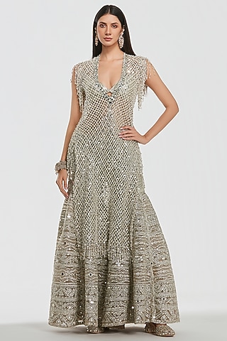 Ivory Net Mirror Work Sharara Set by Abhinav Mishra
