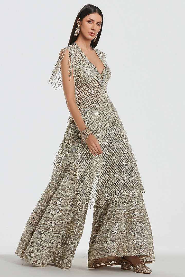 Ivory Net Mirror Work Bridal Sharara Set by Abhinav Mishra at Pernia's Pop Up Shop