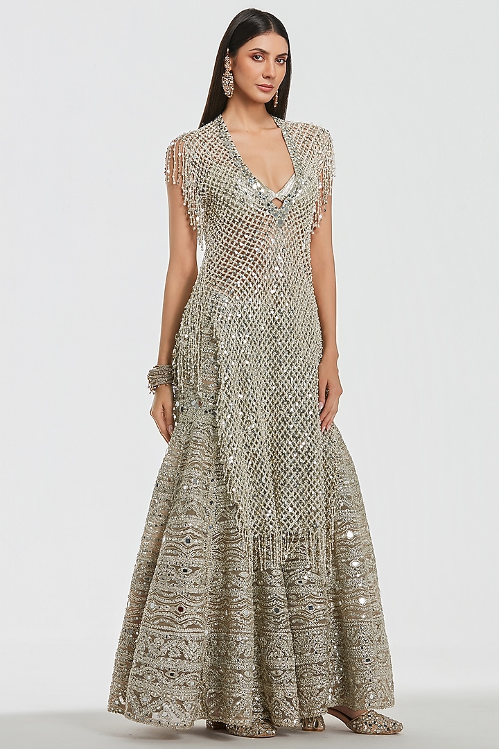 Ivory Net Mirror Work Bridal Sharara Set by Abhinav Mishra at Pernia's Pop Up Shop