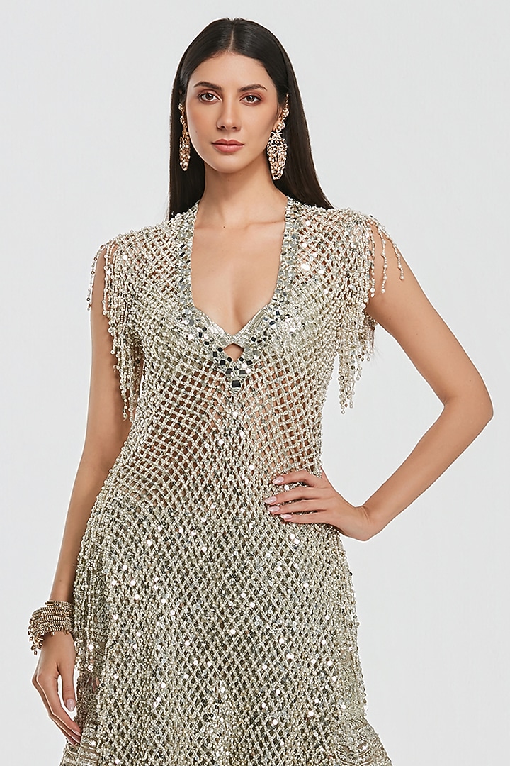 Ivory Net Mirror Work Bridal Sharara Set by Abhinav Mishra at Pernia's Pop Up Shop