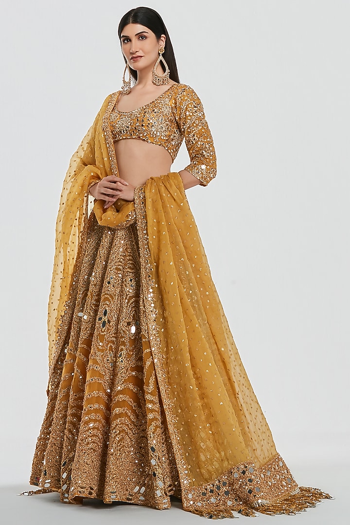 Mustard Yellow Net Mirror Work Bridal Lehenga Set by Abhinav Mishra at Pernia's Pop Up Shop