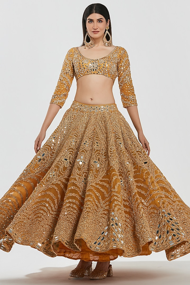 Mustard Yellow Net Mirror Work Bridal Lehenga Set by Abhinav Mishra at Pernia's Pop Up Shop