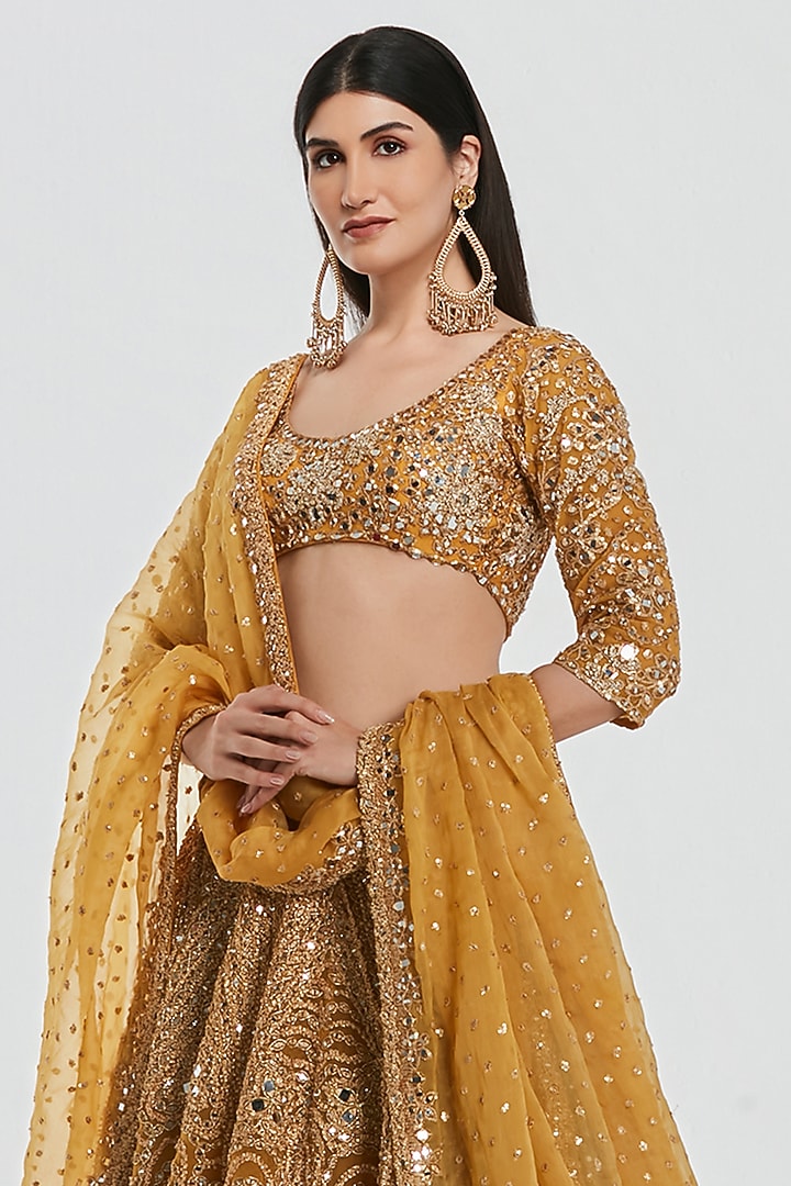 Mustard Yellow Net Mirror Work Bridal Lehenga Set by Abhinav Mishra at Pernia's Pop Up Shop