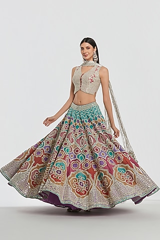 Multi-Colored Chanderi Mirror Work Lehenga Set by Abhinav Mishra