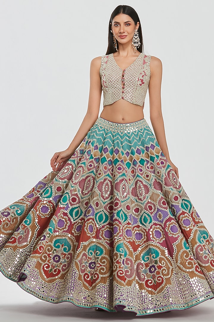 Multi-Colored Chanderi Mirror Work Bridal Lehenga Set by Abhinav Mishra at Pernia's Pop Up Shop