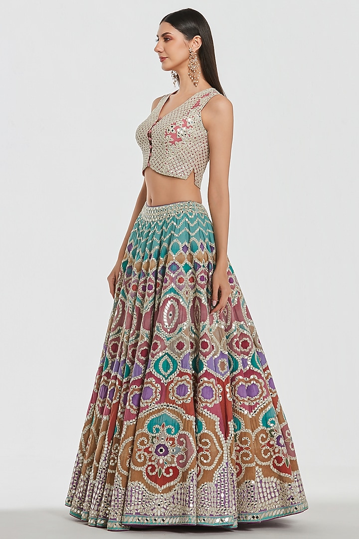 Multi-Colored Chanderi Mirror Work Bridal Lehenga Set by Abhinav Mishra at Pernia's Pop Up Shop