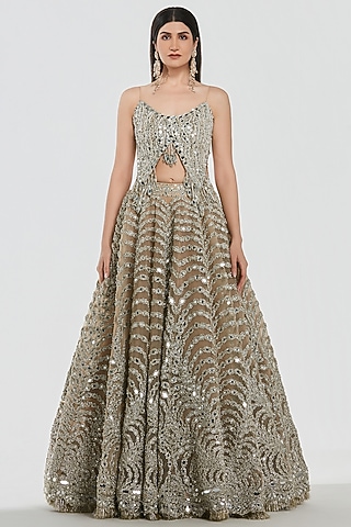 Champagne Gold Net Gota Work Lehenga Set by Abhinav Mishra