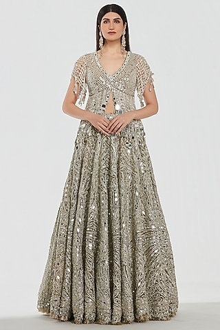 Champagne Gold Net Zari Work Lehenga Set by Abhinav Mishra