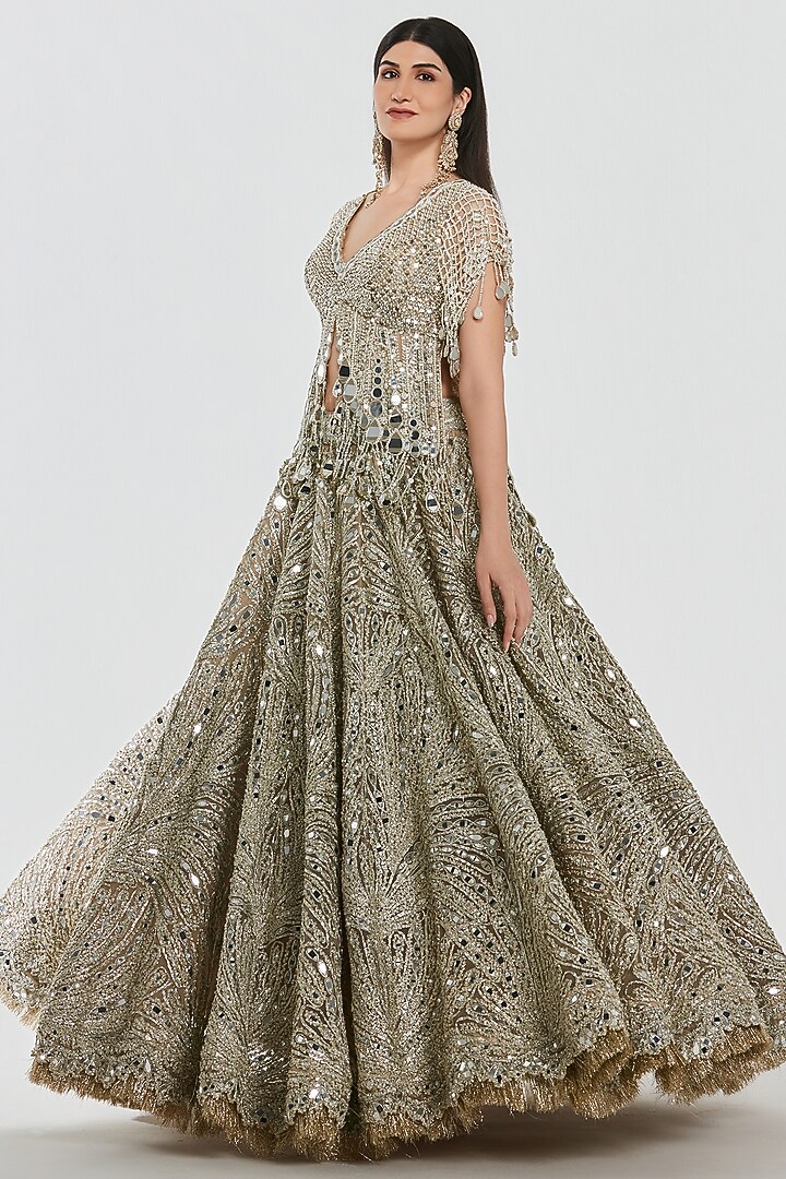 Champagne Gold Net Zari Work Bridal Lehenga Set by Abhinav Mishra at Pernia's Pop Up Shop