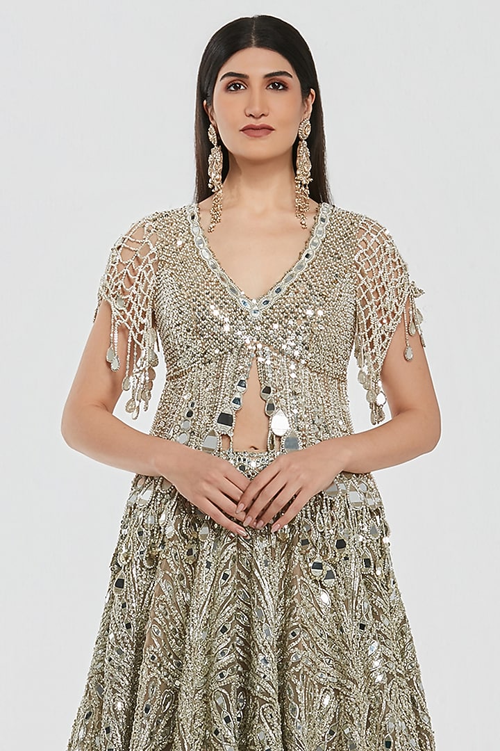 Champagne Gold Net Zari Work Bridal Lehenga Set by Abhinav Mishra at Pernia's Pop Up Shop