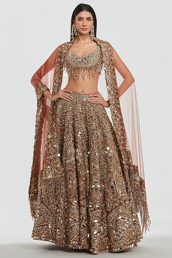 Caramel Rust Net Mirror Work Bridal Lehenga Set by Abhinav Mishra at Pernia's Pop Up Shop