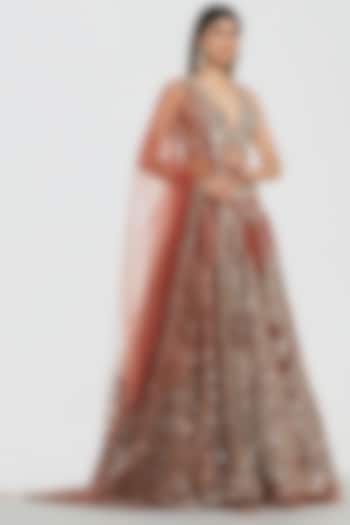 Rust Brown Net Mirror Work Bridal Lehenga Set by Abhinav Mishra at Pernia's Pop Up Shop