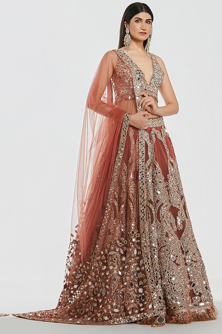 Rust Brown Net Mirror Work Bridal Lehenga Set by Abhinav Mishra at Pernia's Pop Up Shop
