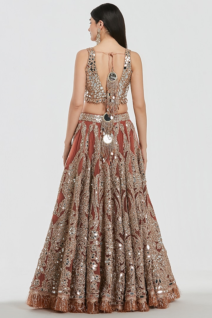 Rust Brown Net Mirror Work Bridal Lehenga Set by Abhinav Mishra at Pernia's Pop Up Shop