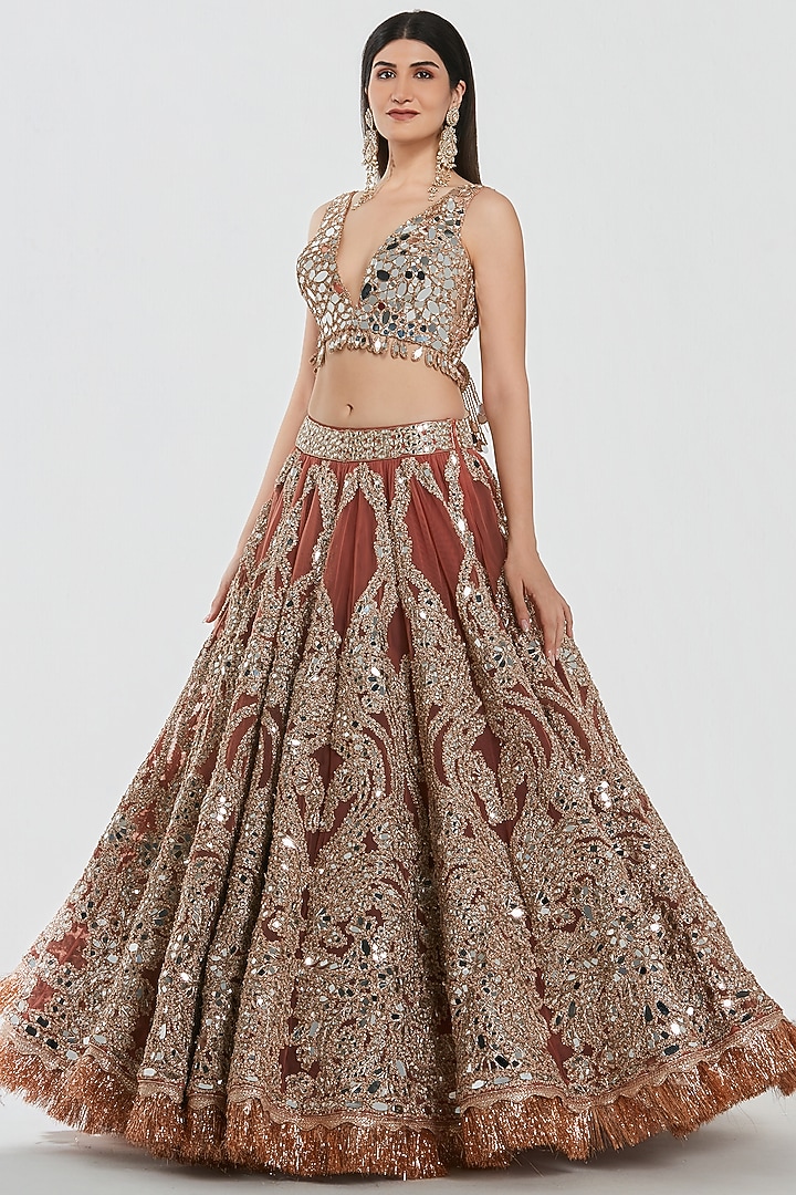 Rust Brown Net Mirror Work Bridal Lehenga Set by Abhinav Mishra at Pernia's Pop Up Shop