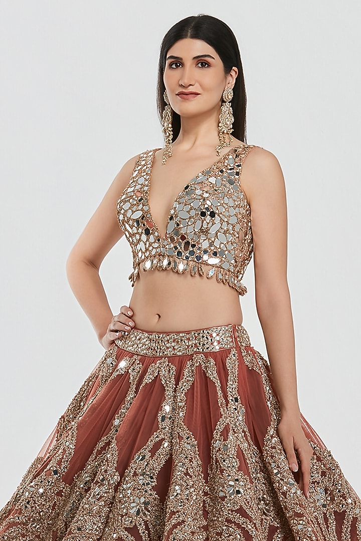 Rust Brown Net Mirror Work Bridal Lehenga Set by Abhinav Mishra at Pernia's Pop Up Shop