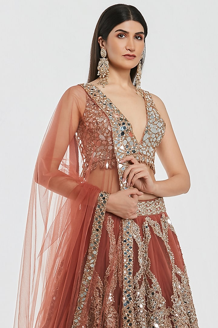 Rust Brown Net Mirror Work Bridal Lehenga Set by Abhinav Mishra at Pernia's Pop Up Shop