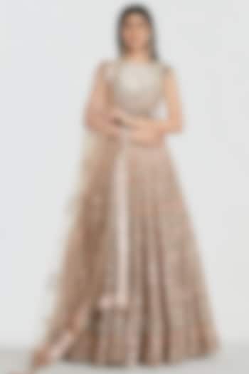 Peach Net Mirror Work Bridal Lehenga Set by Abhinav Mishra at Pernia's Pop Up Shop