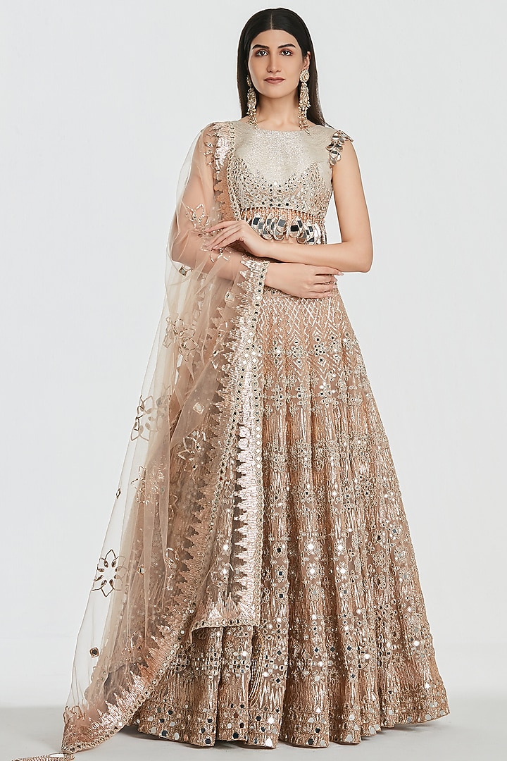 Peach Net Mirror Work Bridal Lehenga Set by Abhinav Mishra at Pernia's Pop Up Shop