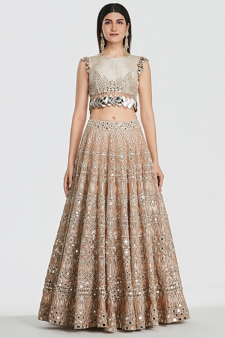 Peach Net Mirror Work Bridal Lehenga Set by Abhinav Mishra at Pernia's Pop Up Shop