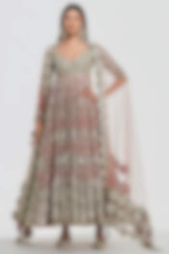 Powder Pink Net Mirror Work Bridal Anarkali Set by Abhinav Mishra at Pernia's Pop Up Shop