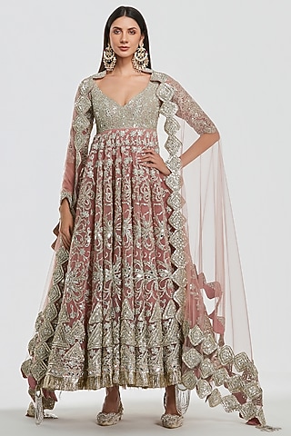 Powder Pink Net Mirror Work Anarkali Set by Abhinav Mishra