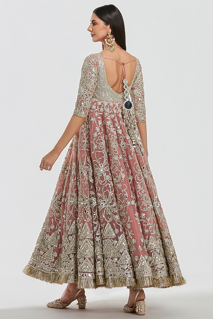 Powder Pink Net Mirror Work Bridal Anarkali Set by Abhinav Mishra at Pernia's Pop Up Shop