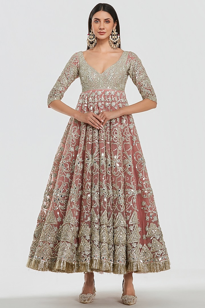 Powder Pink Net Mirror Work Bridal Anarkali Set by Abhinav Mishra at Pernia's Pop Up Shop