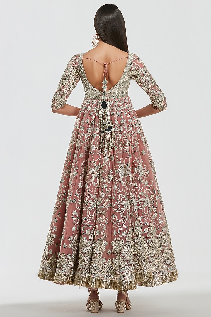 Powder Pink Net Mirror Work Bridal Anarkali Set by Abhinav Mishra at Pernia's Pop Up Shop