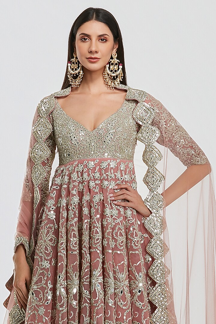Powder Pink Net Mirror Work Bridal Anarkali Set by Abhinav Mishra at Pernia's Pop Up Shop