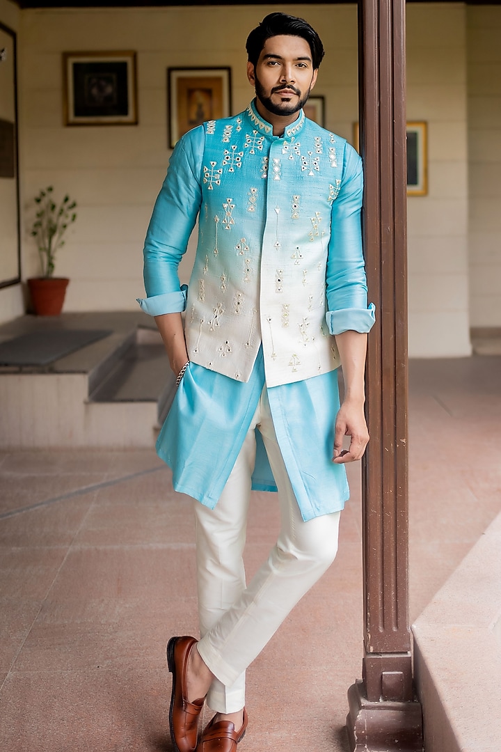 Sitara Ivory & Sky Blue Ombre Mirror Embroidered Nehru Jacket Set by ABHIPRI